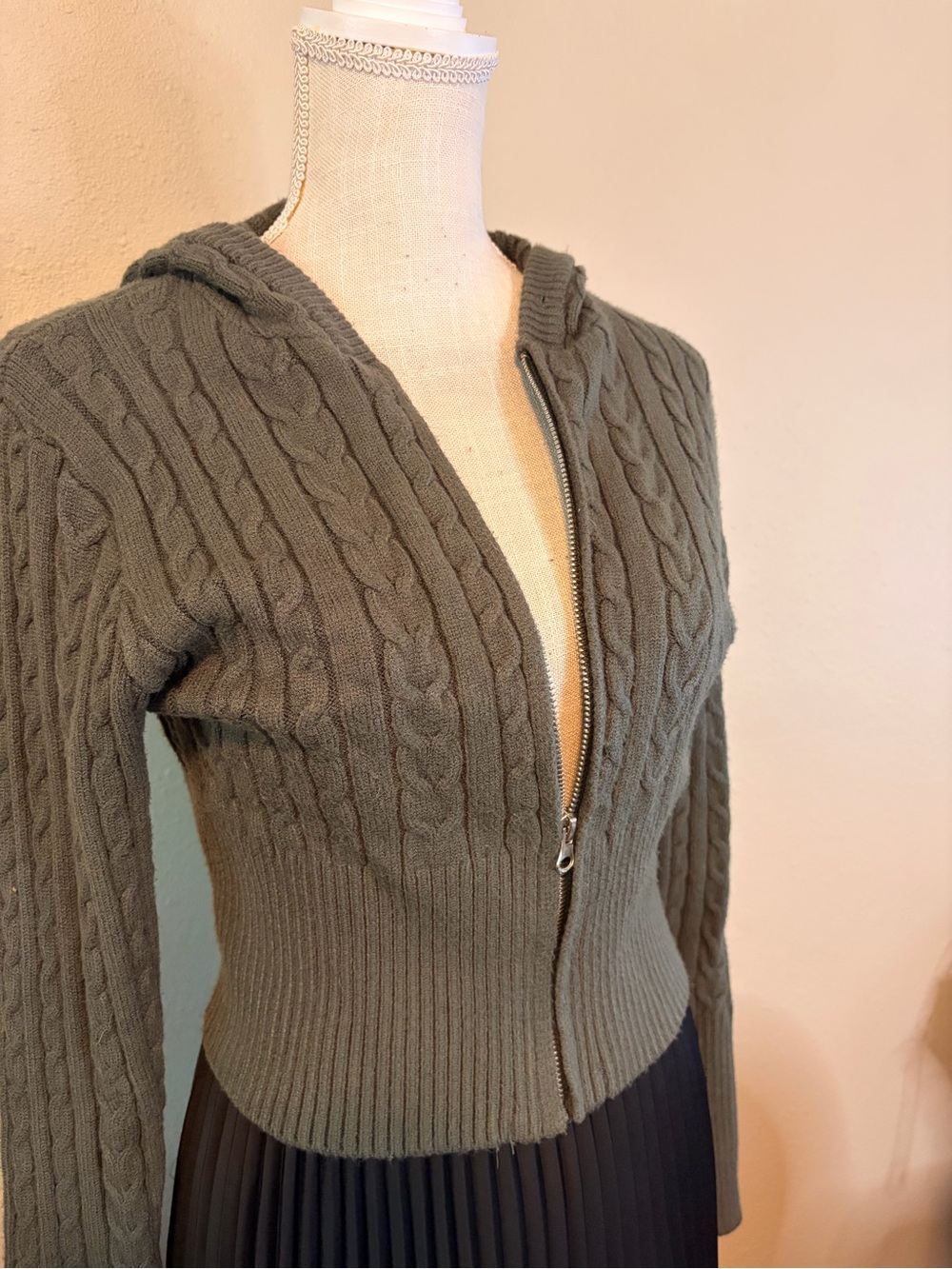 Forever 21 Olive Cable-Knit Zip Hoodie Cardigan